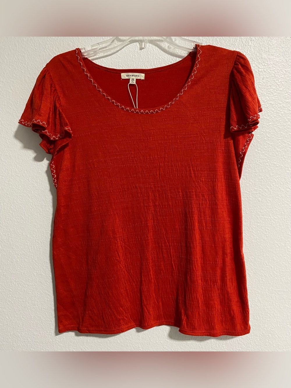 Max Studio Red Knit Embroidered Flutter Short Sleeve Top sz XS NWT $88
